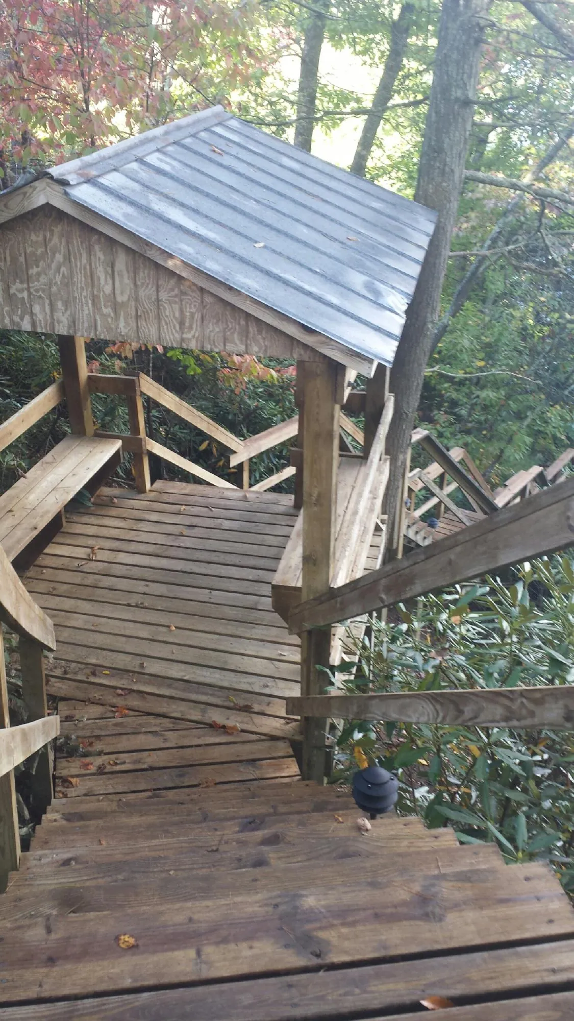 Metal roofed shelter over wooden steps on a wooded walkway — Skylight Repair & Installation work by our crew in Williston